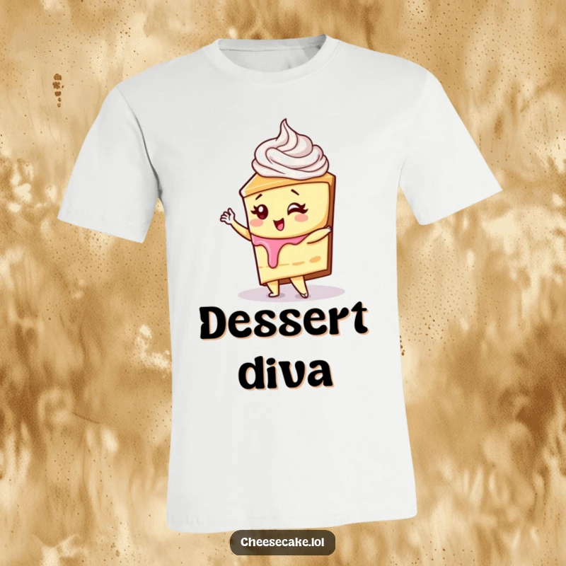 Funny cheesecake with a whipped cream swirl striking a diva pose on a t-shirt, a perfect funny gift.