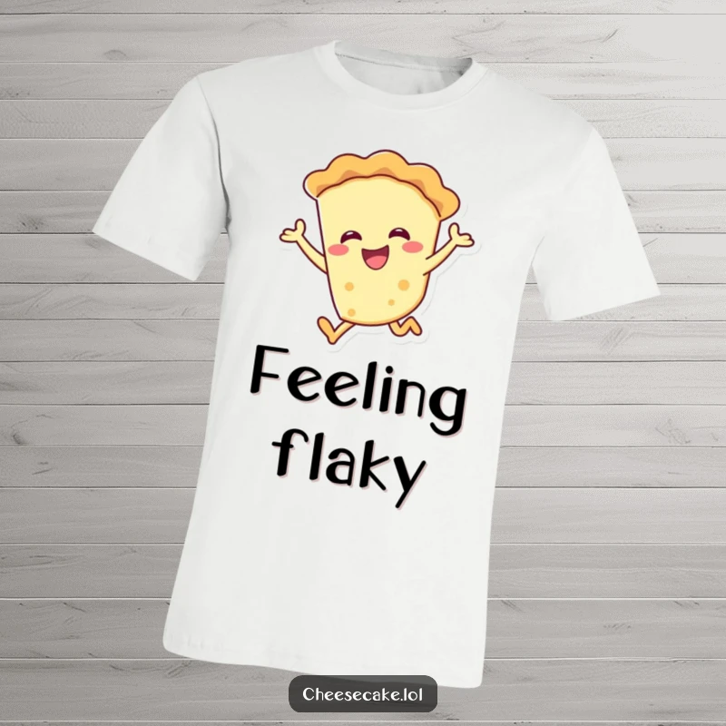 Funny smiling pie character in a joyful leap on a t-shirt, ideal for bakers and dessert lovers.