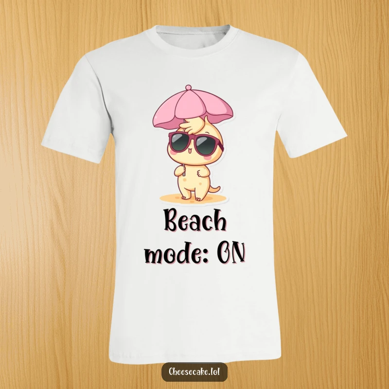 Funny cheesecake t-shirt with a cheesecake character wearing sunglasses and chilling under a mini beach umbrella, radiating cool summer vibes.