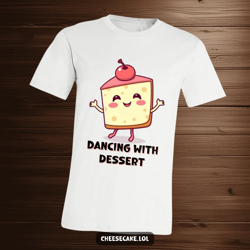 Funny T-Shirt with a smiling cheesecake slice and cherry doing a lively jig, expressing joy and a love for desserts.