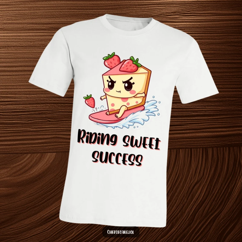 Funny T-Shirt depicting a cheesecake character with a determined look, skillfully surfing on a vibrant wave of strawberries. Extreme dessert!