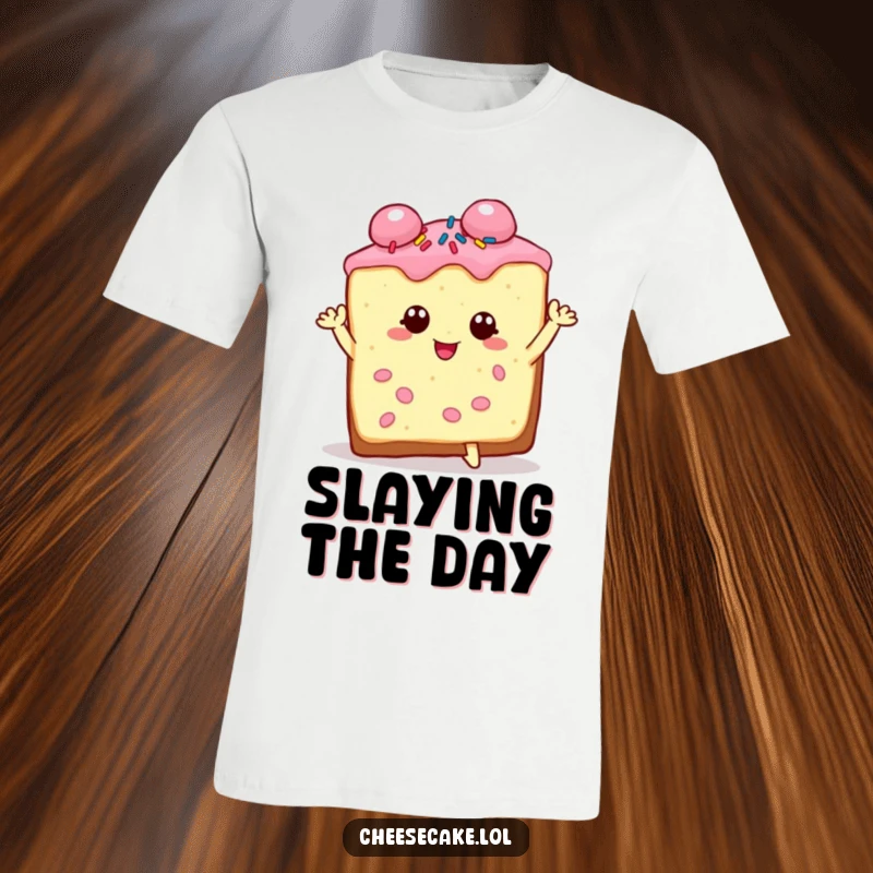 Funny cheesecake slice t-shirt graphic, charming and sprinkled, striking a theatrical and dramatic pose with confidence.