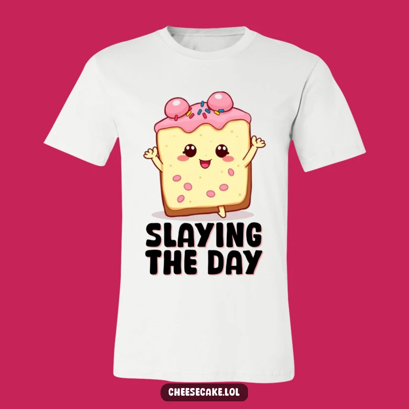 Funny Cheesecake T-Shirt: Charming Sprinkled Slice, Dramatic Pose Graphic Tee