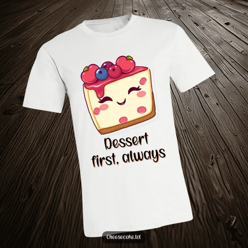 Funny t-shirt depicting a smiling slice of cheesecake with berry toppings, winking flirtatiously, a perfect treat for dessert fans.