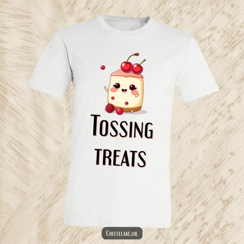 Funny cheesecake wearing a cherry tiara, juggling berries on a t-shirt, a perfect funny gift.