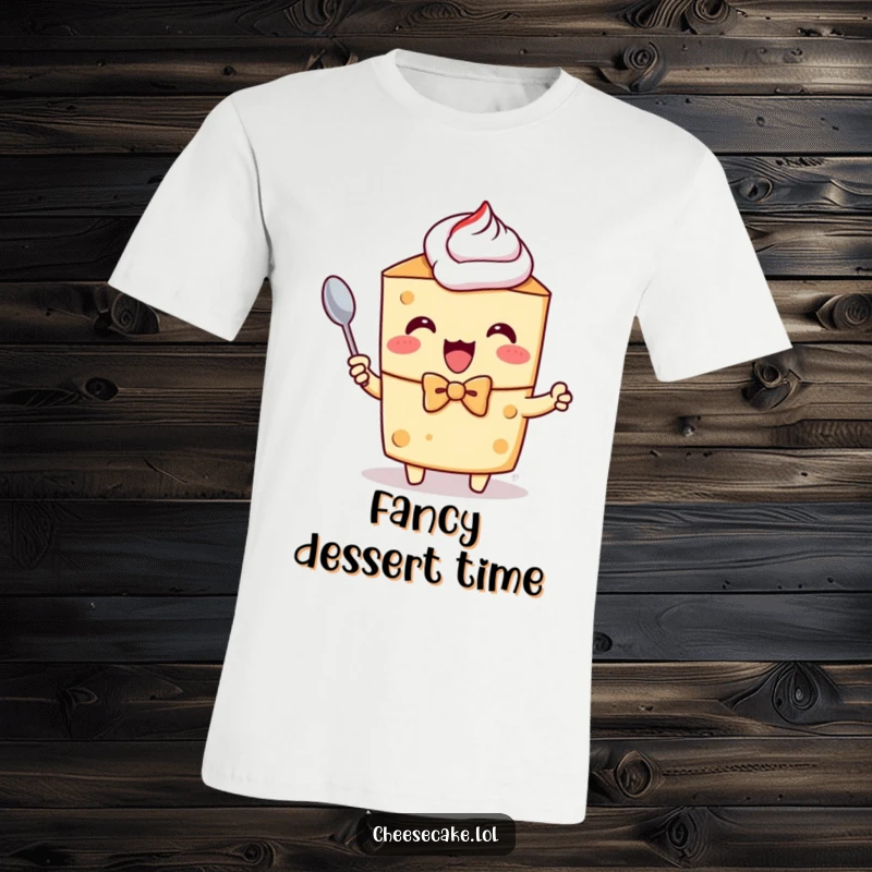 Funny t-shirt depicting a cheesecake character in a bow tie, excitedly holding a tiny spoon, eager to eat.