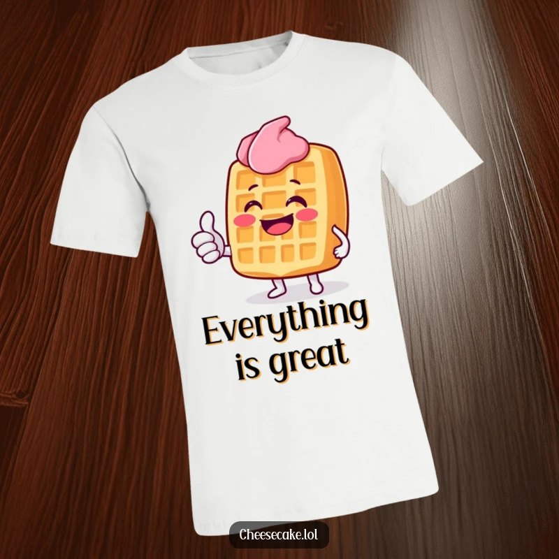Funny Grinning Waffle T-Shirt: A cool tee featuring a waffle character with a wide grin and a confident thumbs up.