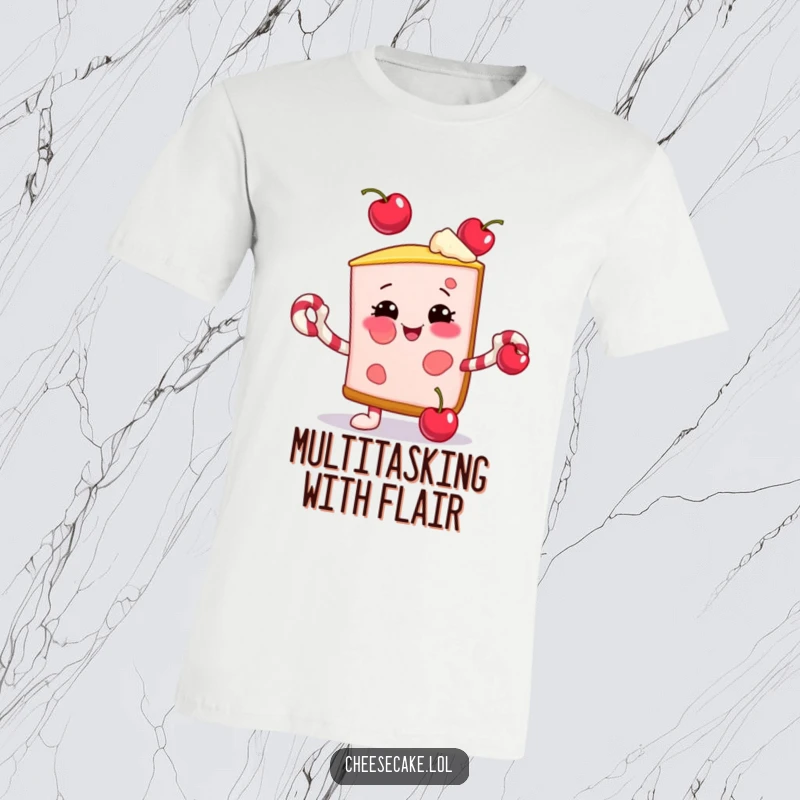 Funny t-shirt of a smiling cheesecake slice juggling cherries with candy cane arms, embodying festive dessert joy.