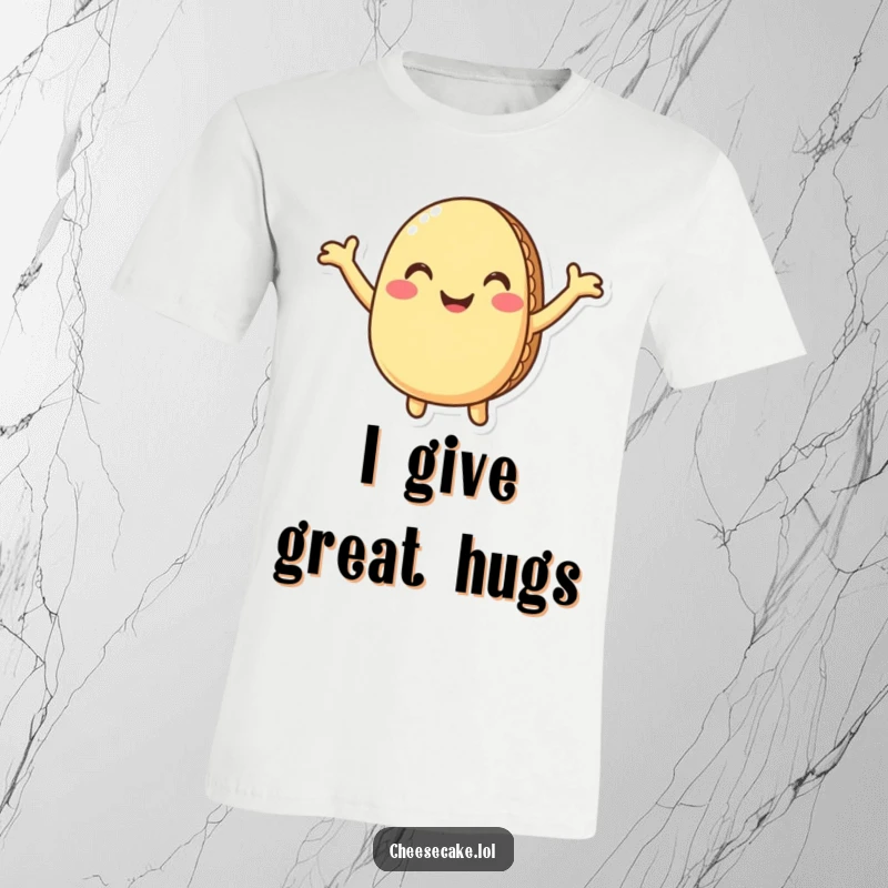 Funny macaron t-shirt showcasing a cheerful, smiling macaron character with arms outstretched, inviting a delightful and humorous hug.