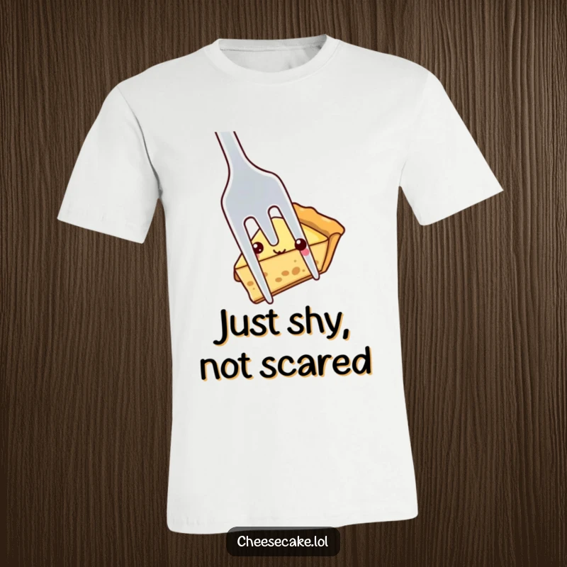 Funny shy pie slice peeking out from behind a large fork, a timid and cute design for a humorous t-shirt.