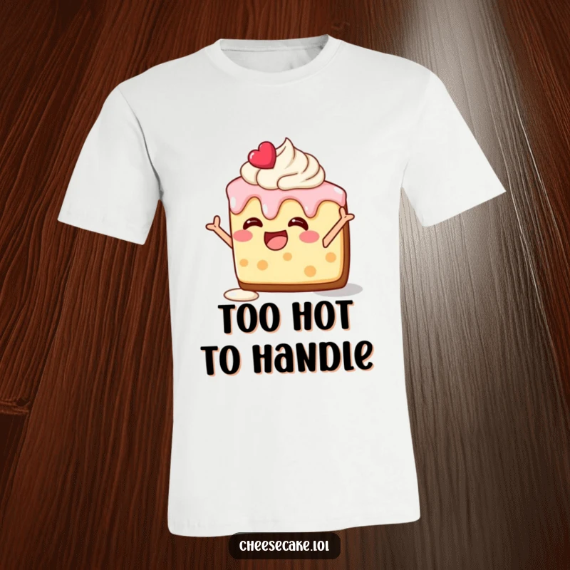 Funny t-shirt of a delighted cheesecake slice, frosting melting, striking a silly and humorous pose, celebrating dessert.