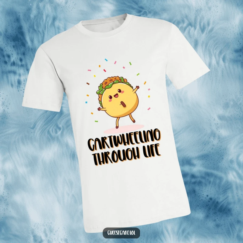 Funny T-Shirt with a cute taco on legs performing a cartwheel amidst falling confetti, celebrating festive Mexican food fun.