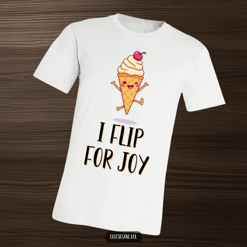 Funny t-shirt featuring a smiling ice cream cone doing a cartwheel, topped with a cherry, radiating pure fun.