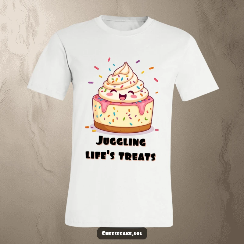 Funny T-Shirt: A happy cheesecake energetically juggles a vibrant mix of colorful sprinkles, a fun sight.