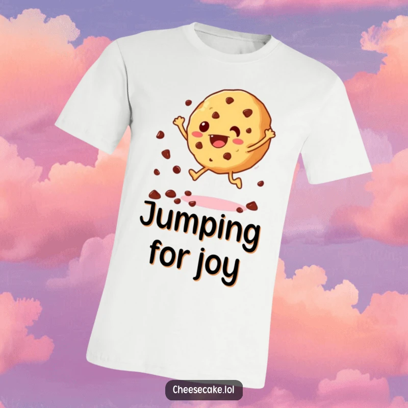 Funny t-shirt featuring a happy cookie mid-jump with chocolate chips scattering, celebrating sweetness and fun.