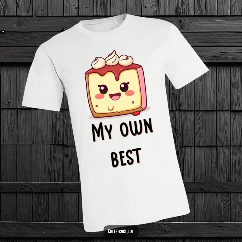 Funny cheesecake t-shirt depicting a character smiling while taking a bite from itself, a humorous dessert-themed design.