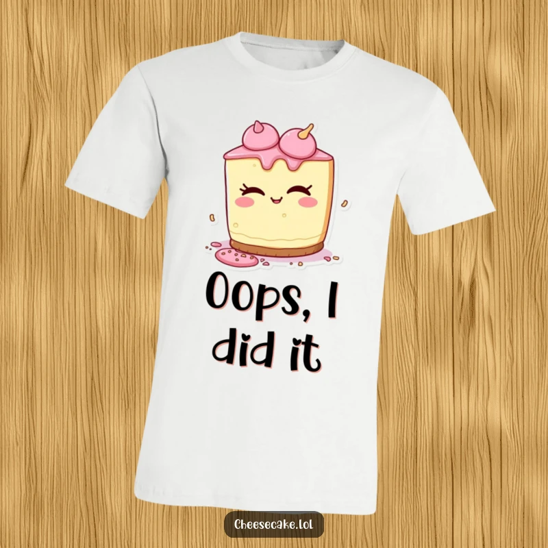 Funny t-shirt depicting a cheesecake character winking slyly while scattering a few sprinkles with a playful attitude.