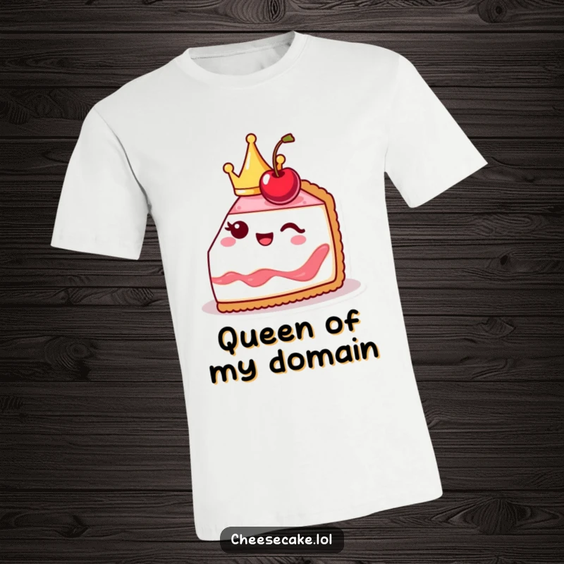 Funny cheesecake slice t-shirt graphic, cute and crowned, winking with a cherry, exuding playful royalty.