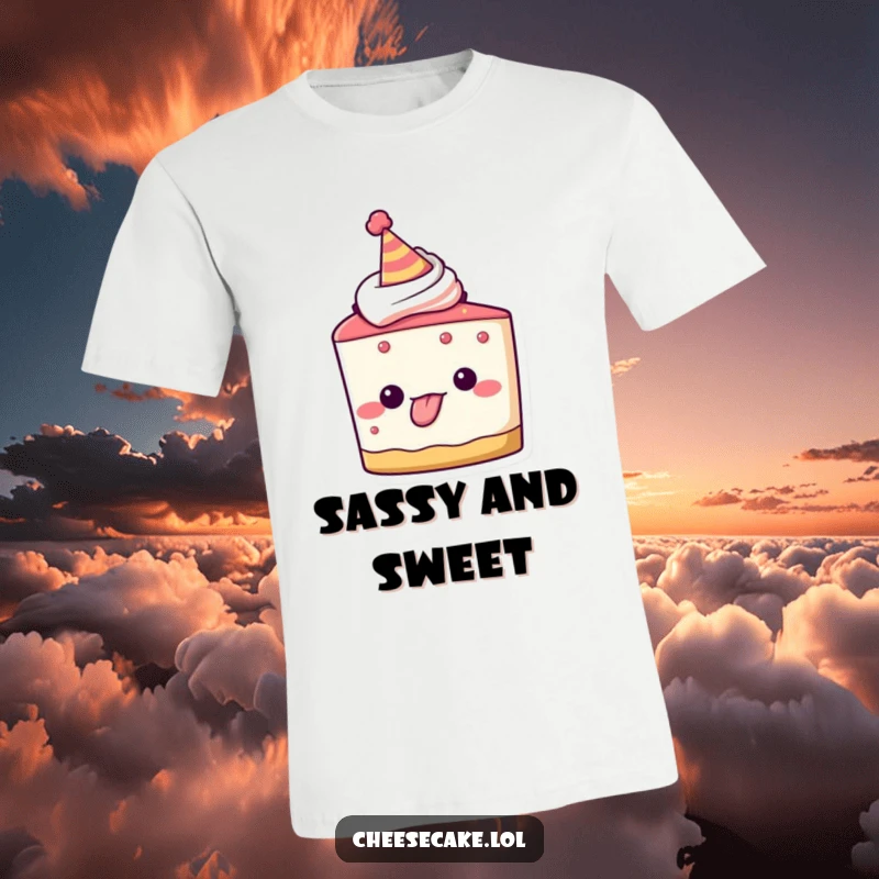 Funny t-shirt depicting a cheesecake character in a party hat, playfully sticking its tongue out, embodying a mischievous and fun spirit.