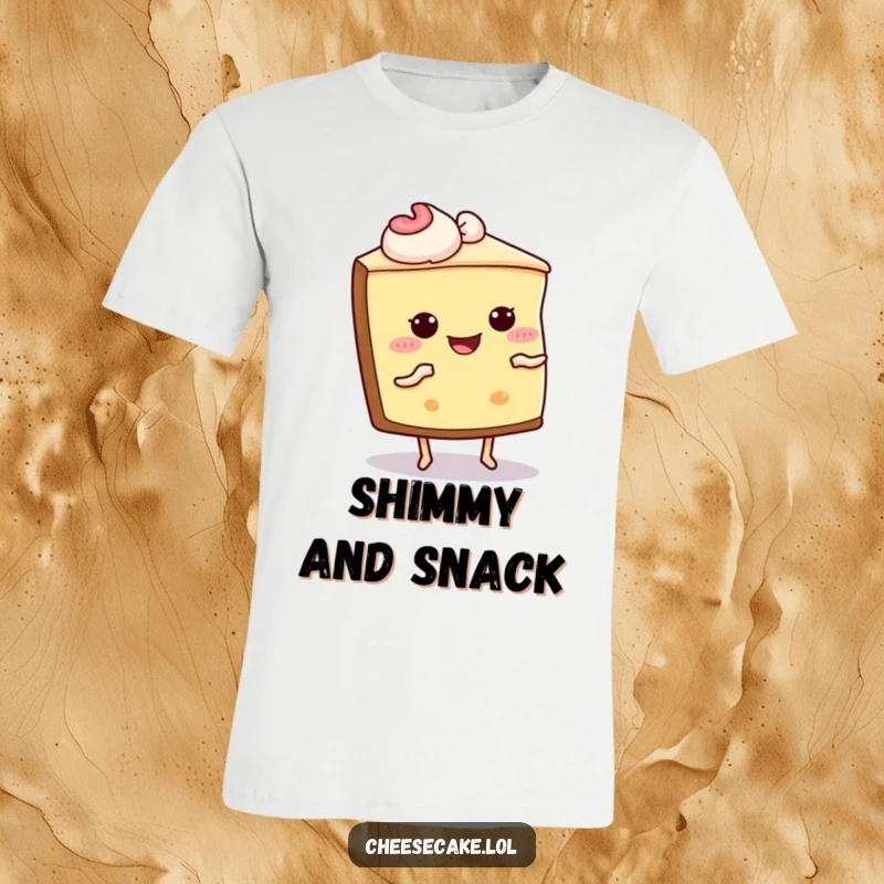 Funny Cheesecake Shimmy T-Shirt: A slice of cheesecake with eyes and legs performing a joyful dance, full of dessert fun.