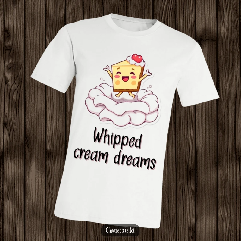 Funny t-shirt showing a cheesecake slice enthusiastically diving into a large pool of whipped cream.