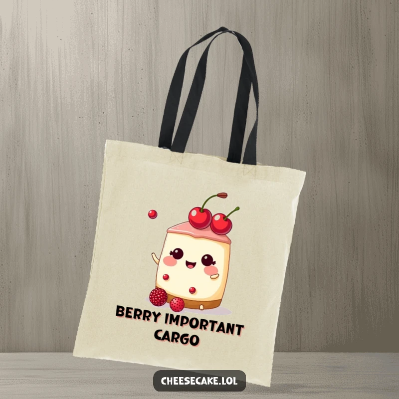 Funny cheesecake wearing a cherry tiara, juggling small berries on a tote bag, a great funny gift.