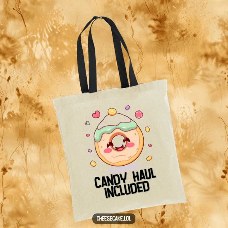 Funny donut tote bag with a smiling donut juggling candies, a practical and humorous accessory for sweet lovers.