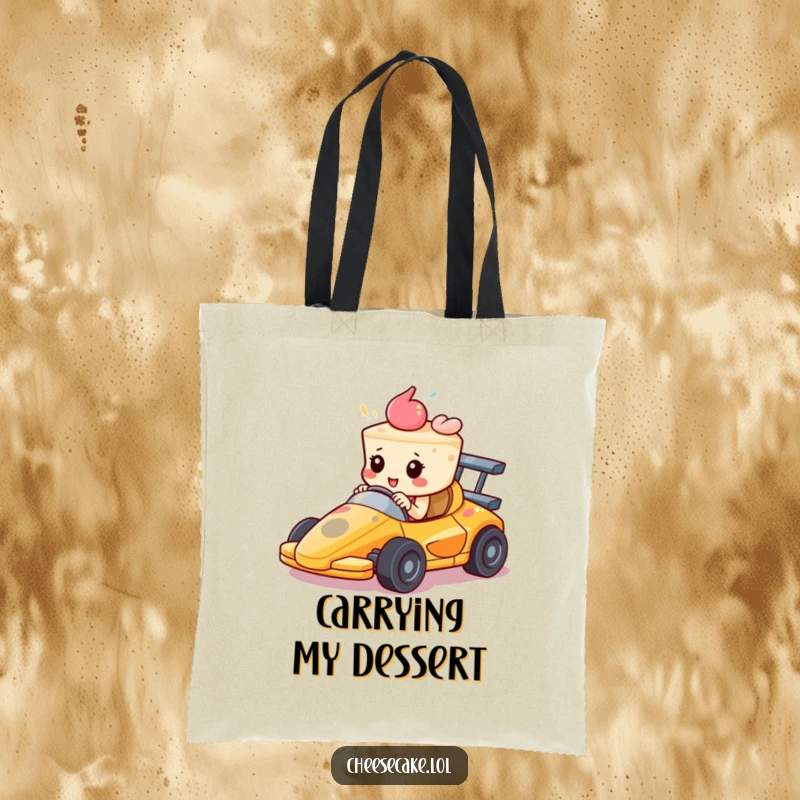 Funny Tote Bag: A cheesecake in a small race car speeds forward with unwavering determination. Practical and wonderfully quirky.