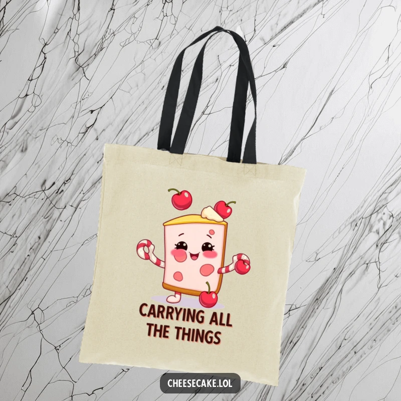 Funny tote bag with a smiling cheesecake slice juggling cherries using candy cane arms, perfect for festive errands.