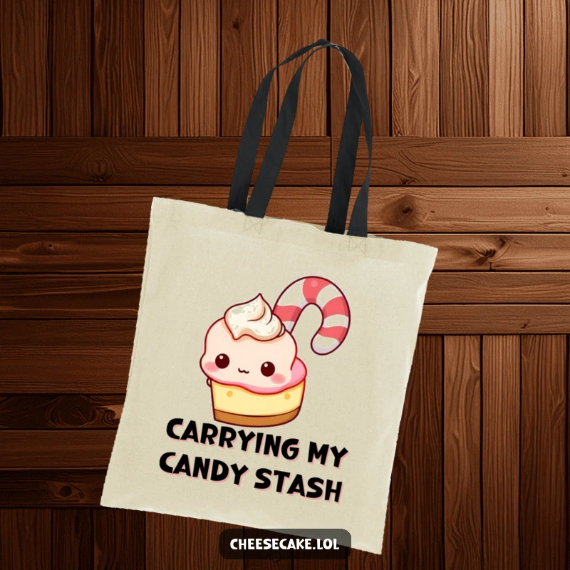 Funny Tote Bag: Cheesecake peeking from behind a giant candy cane, a sweet and humorous carry-all.