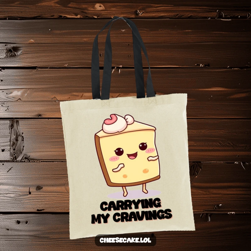 Funny Cheesecake Shimmy Tote Bag: A tote bag adorned with a cheesecake slice doing a joyful shimmy dance.