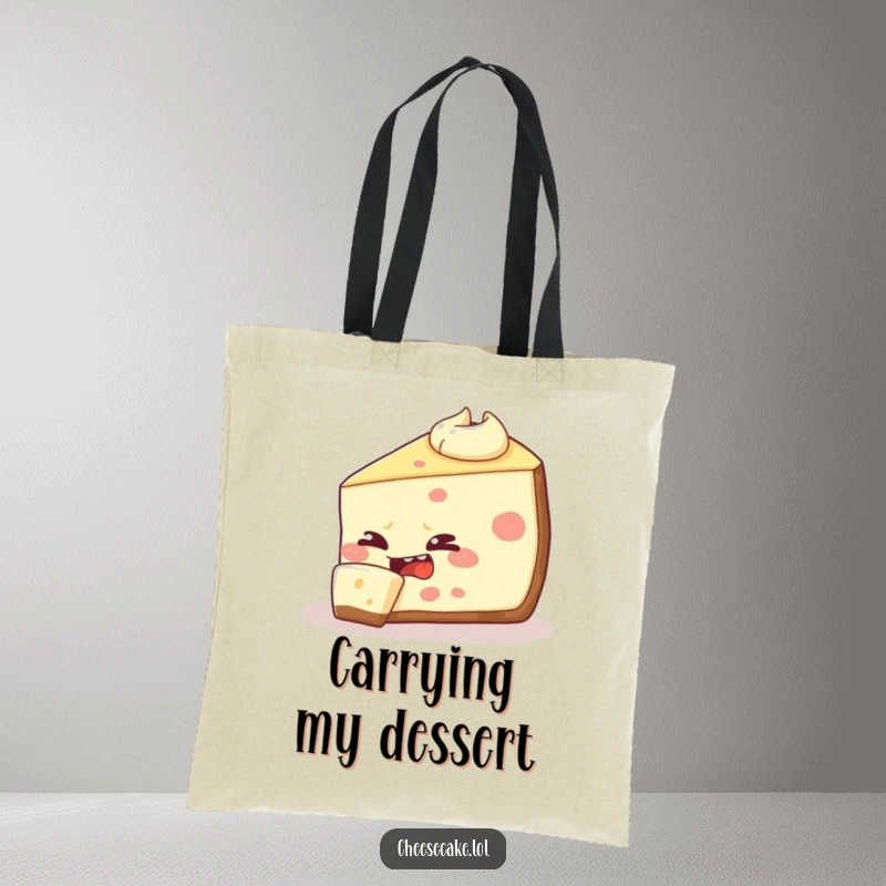 Funny cheesecake slice tote bag art, depicting a mischievous dessert attempting to eat its own edge, a humorous and practical accessory.