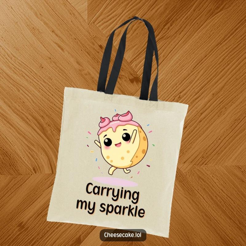 Funny tote bag depicting a cheesecake in a cartwheel motion, surrounded by a cascade of colorful sprinkles, a joyous and active design.