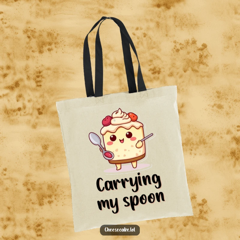 Funny Cheesecake Adventure Tote Bag with a cheesecake character holding a spoon, ready for culinary adventures, ideal for shopping and travel.