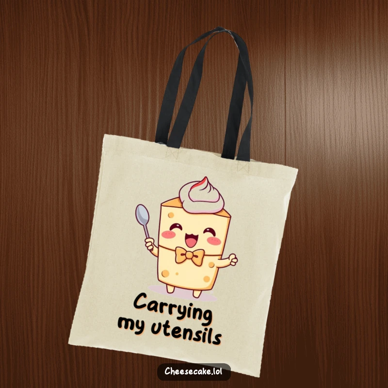Funny tote bag featuring a cheesecake character in a bow tie, excitedly holding a tiny spoon.