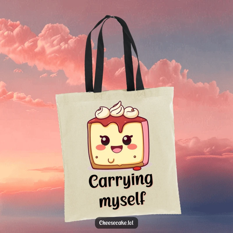 Funny cheesecake tote bag showing a smiling character biting itself, perfect for carrying items with a humorous dessert theme.