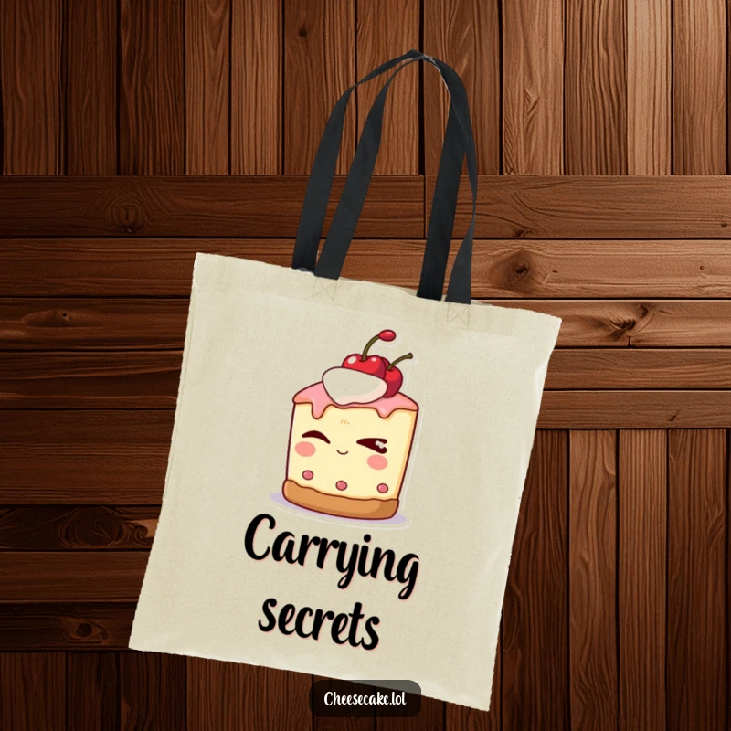 Funny tote bag featuring a cheesecake character with a cherry on top, winking slyly with a playful air.