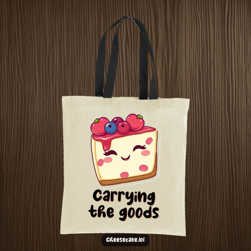Funny tote bag showcasing a winking slice of cheesecake with berries, perfect for carrying treats and essentials with a sweet flair.