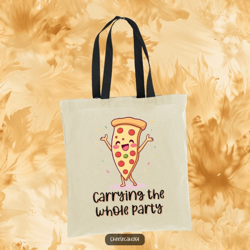 Funny pizza slice doing a handstand with confetti, a playful and energetic design on this practical and humorous tote bag.