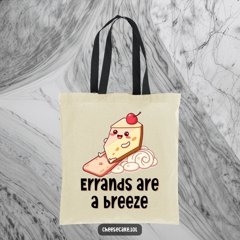 Funny Tote Bag with a happy cheesecake character with legs sliding down a frosting slide, ideal for carrying daily essentials with joy.