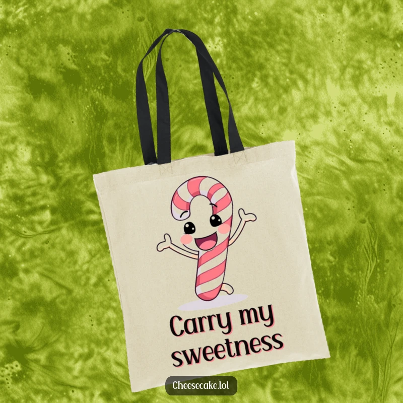 Funny tote bag with a cheerful candy cane doing a funny dance, perfect for carrying holiday essentials.