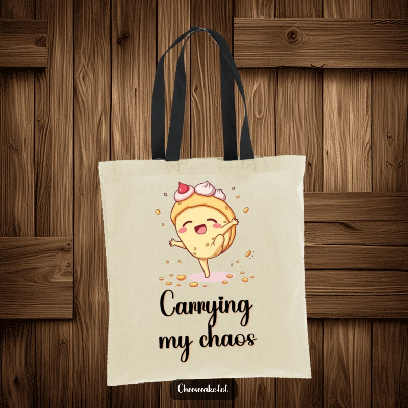 Funny cheesecake tote bag illustrating a dessert character's clumsy cartwheel, scattering crumbs, ideal for a humorous shopping companion.