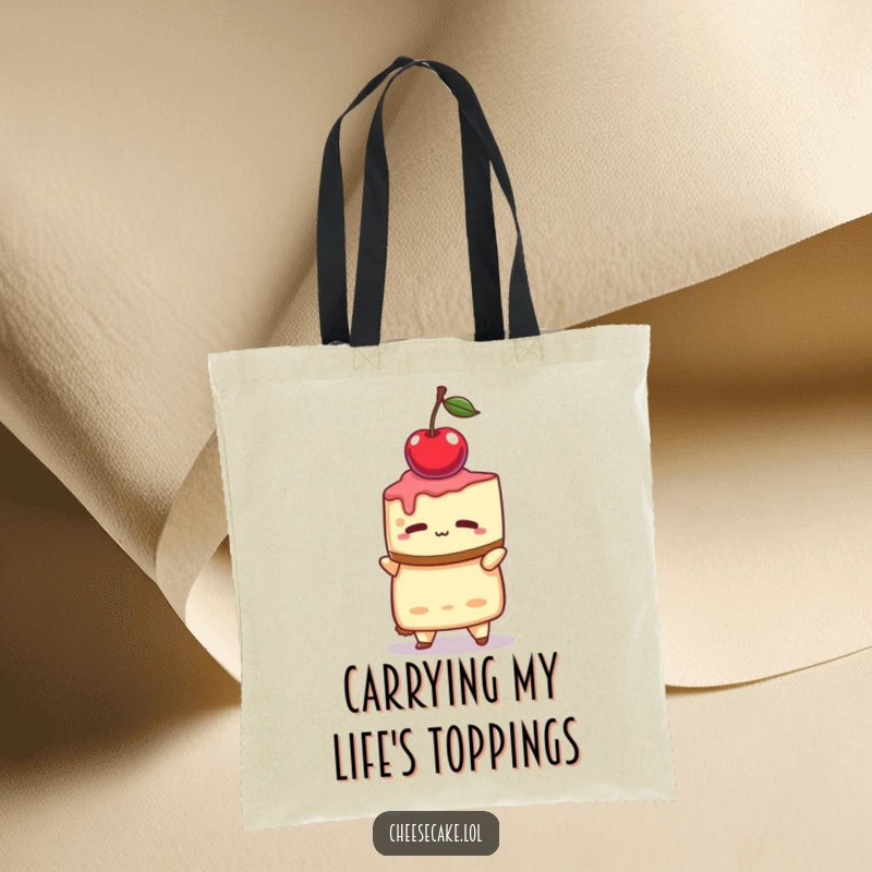 Funny tote bag with a cheesecake character intensely focused on balancing a single cherry on its head.