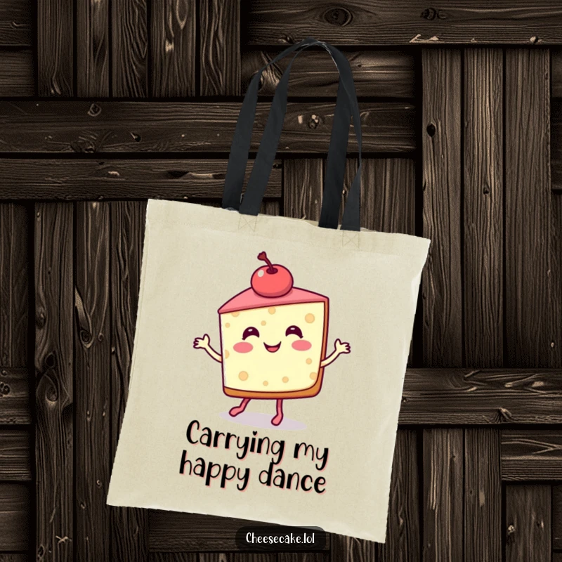 Funny Tote Bag with a jigging cheesecake slice and cherry, perfect for carrying essentials with a sweet and playful style.