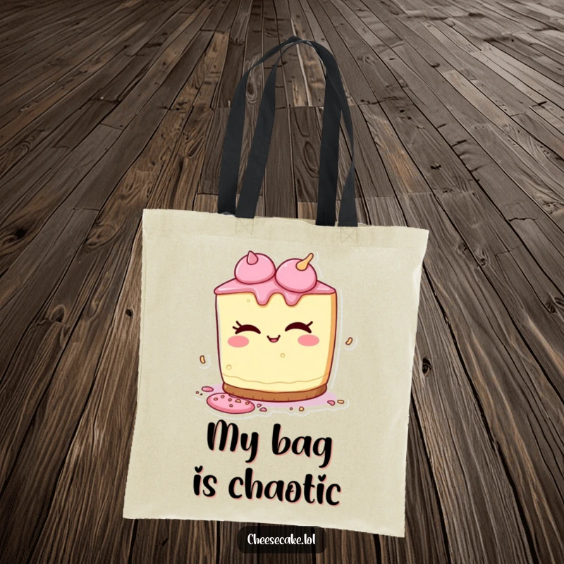 Funny tote bag with a cheesecake character playfully winking while spilling a few colorful sprinkles with a mischievous air.