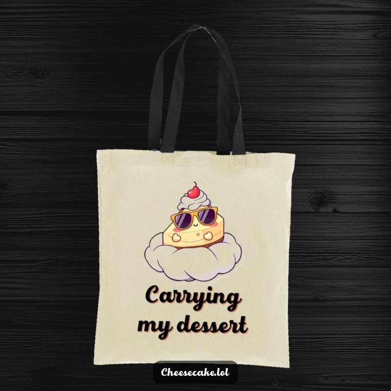Funny tote bag with a cheesecake in sunglasses lounging on a whipped cream cloud, ideal for carrying groceries or goodies.