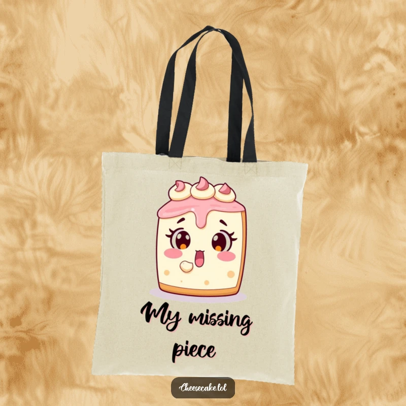 Funny cheesecake tote bag featuring a surprised dessert with a bite missing, perfect for groceries and everyday use.
