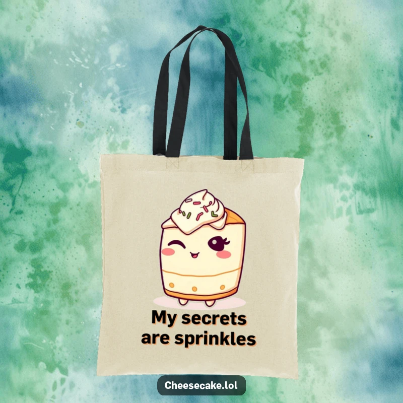 Funny Tote Bag: A cheesecake character with a mischievous wink and scattered sprinkles, a delightful accessory.