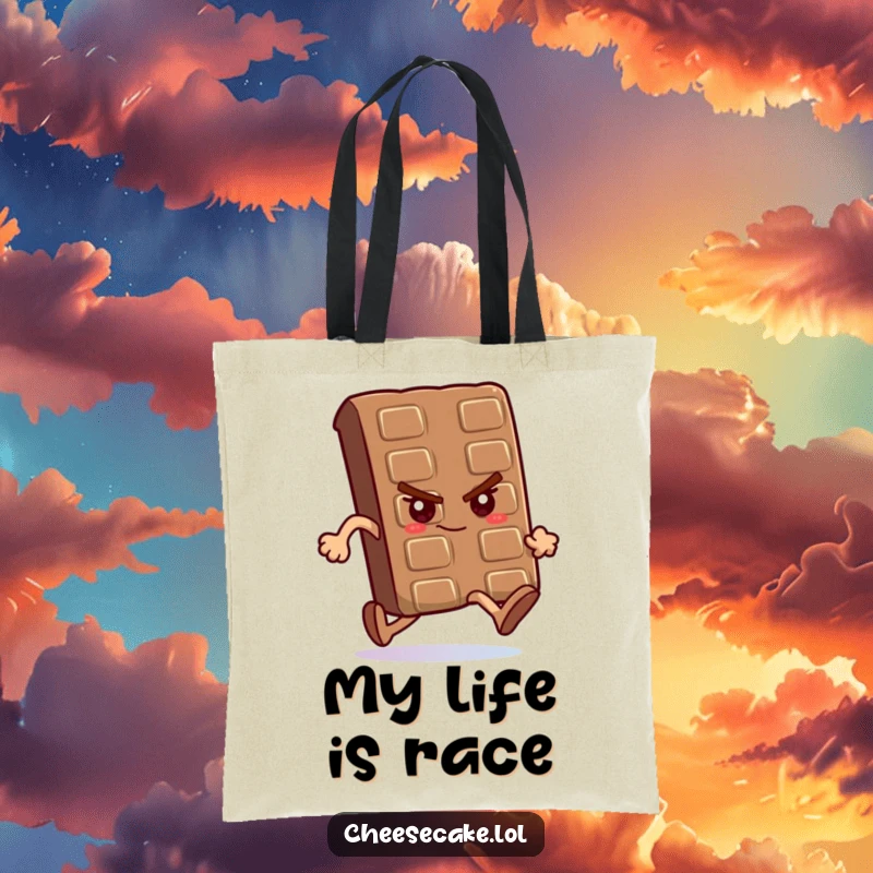 Funny tote bag with a determined chocolate bar running a race, perfect for carrying workout essentials.