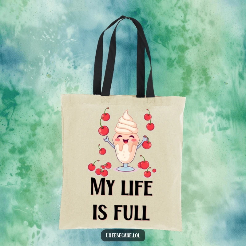 Funny Giggling Sundae Tote Bag: A spacious bag adorned with a giggling sundae character masterfully juggling cherries.